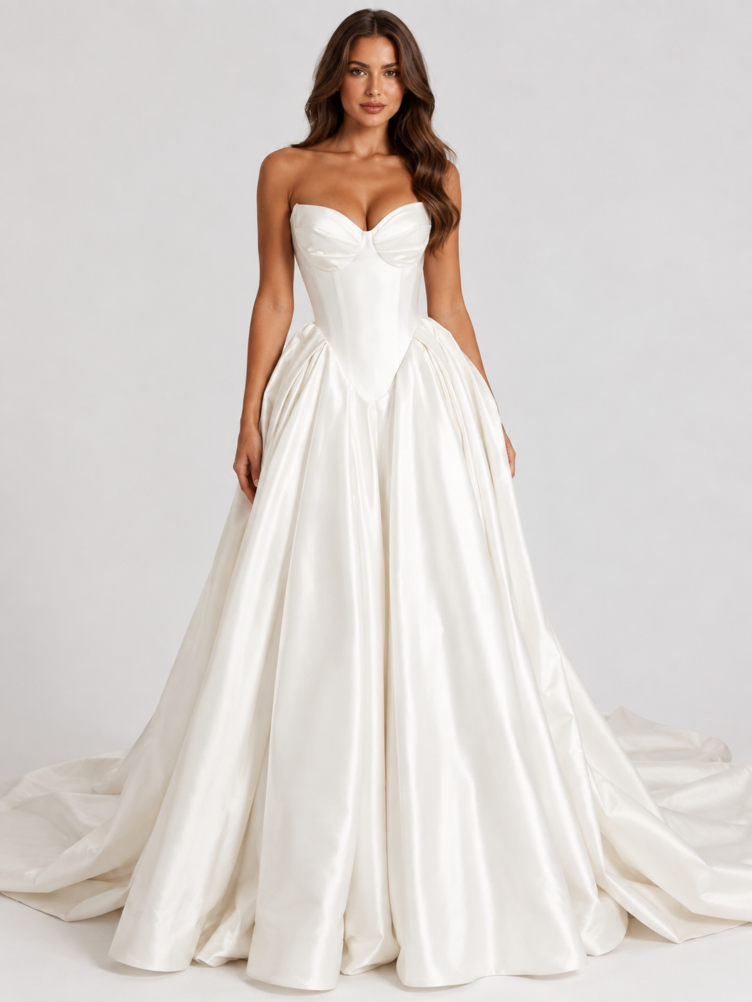 Elegant Strapless Sculpted Bustier Satin Ball Gown Wedding Dress with Chapel Train
