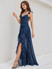Navy Blue Chiffon A Line V Neck Sleeveless Floor Length Bridesmaid Dress With Cascading Ruffles