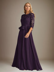 Plum A Line Chiffon Boat neck 3/4 Sleeves Floor Length Dress With Appliques