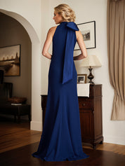 Royal Blue Sheath/Column Halter Neck Floor Length Mother of the Bride Dress With Bow