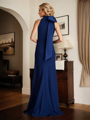 Royal Blue Sheath/Column Halter Neck Floor Length Mother of the Bride Dress With Bow
