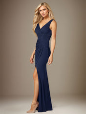 Dark Navy Chiffon V-Neck Sleeveless Floor Length Dress With High Slit