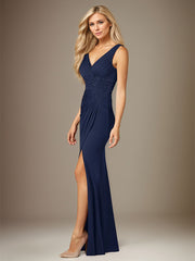 Dark Navy Chiffon V-Neck Sleeveless Floor Length Dress With High Slit