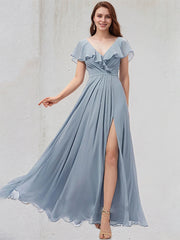 Dusty Blue A-Line V-Neck Floor-Length Chiffon Bridesmaid Dress