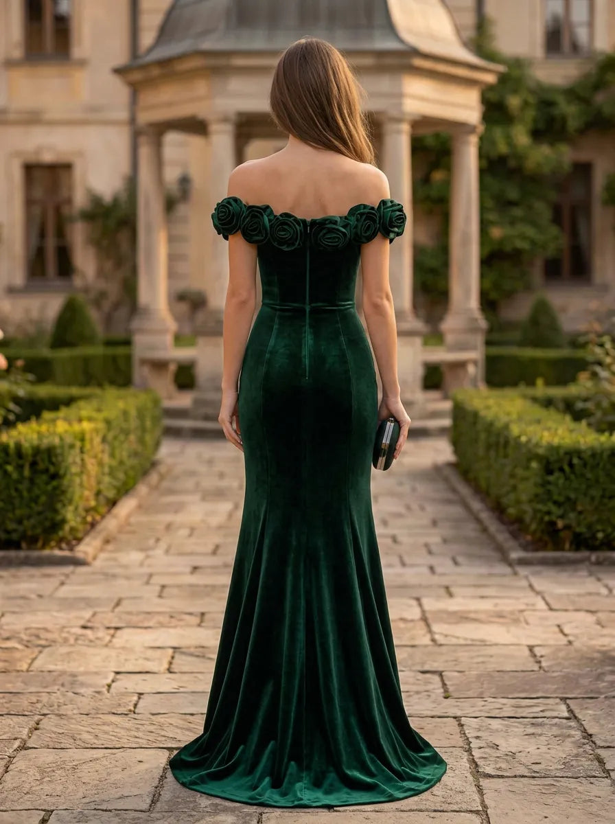 Hunter Green Off-the-Shoulder Rose-Trimmed Velvet Bridesmaid Dress