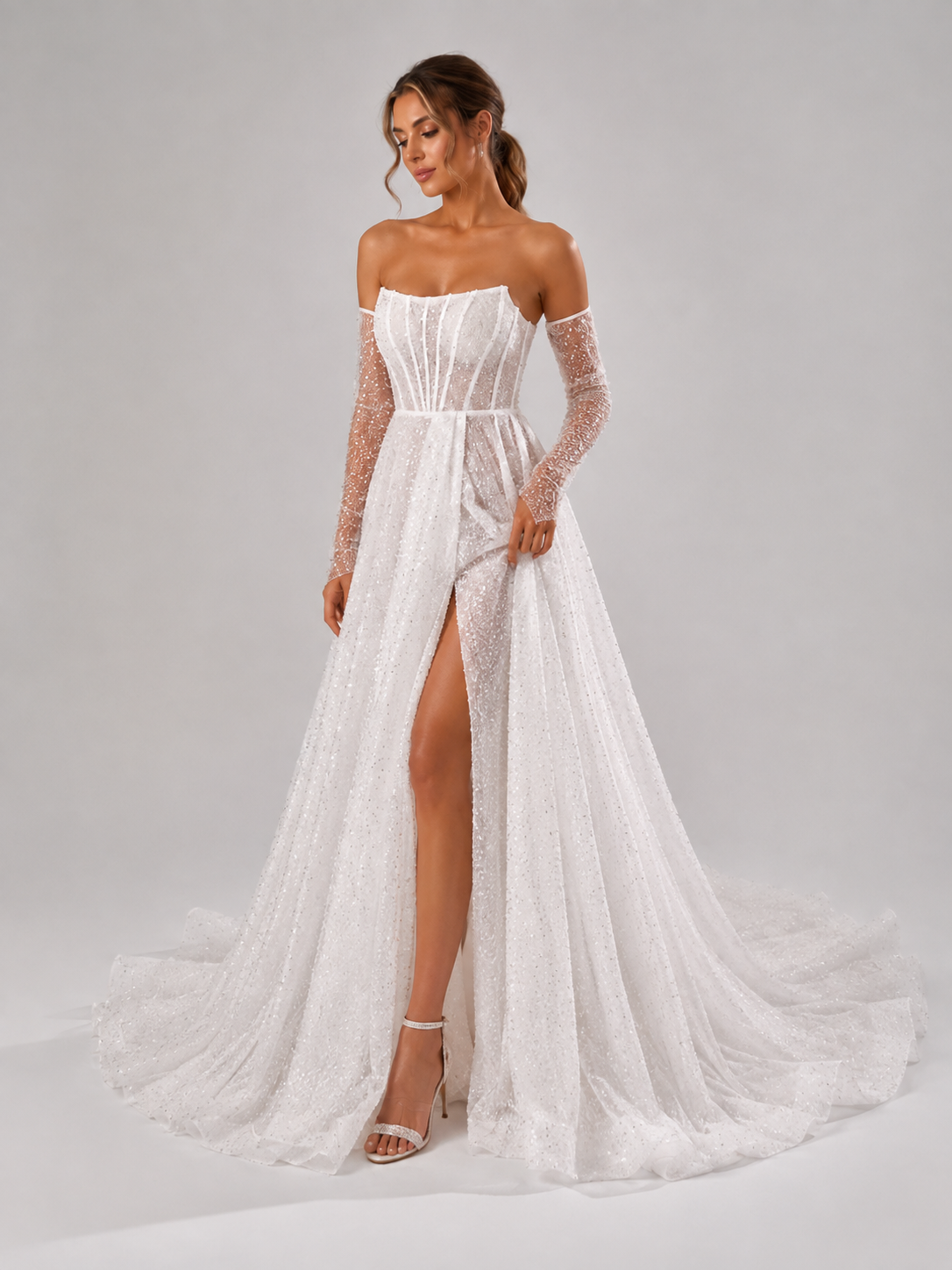 Elegant Off-the-Shoulder Sparkly Tulle A-Line Wedding Dress with High Slit and Chapel Train
