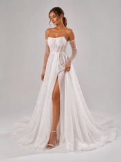 Elegant Off-the-Shoulder Sparkly Tulle A-Line Wedding Dress with High Slit and Chapel Train