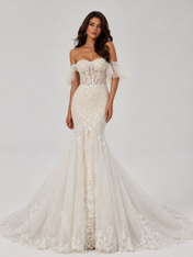 Elegant Off-the-Shoulder Corset Lace Mermaid Wedding Dress with Ruffled Sleeves and Chapel Train