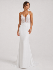 Elegant Spaghetti Strap Lace Applique Crepe Mermaid Wedding Dress with Chapel Train