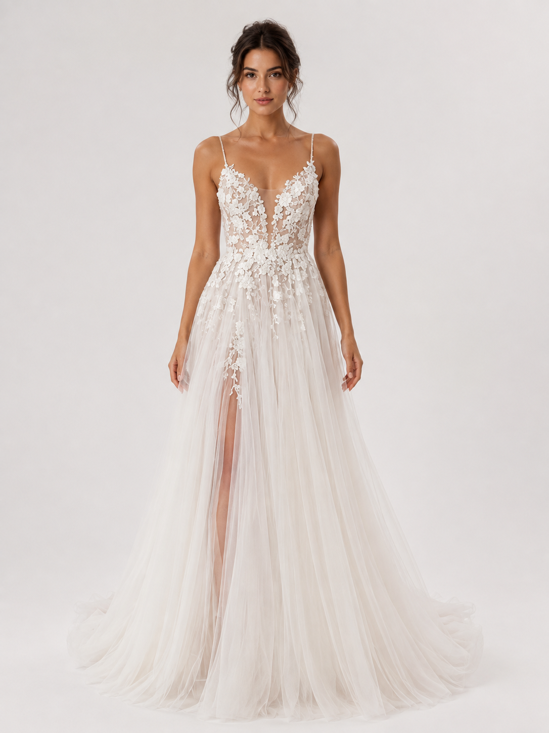 Elegant Floral Applique Tulle A-Line Wedding Dress with High Slit and Sweep Train