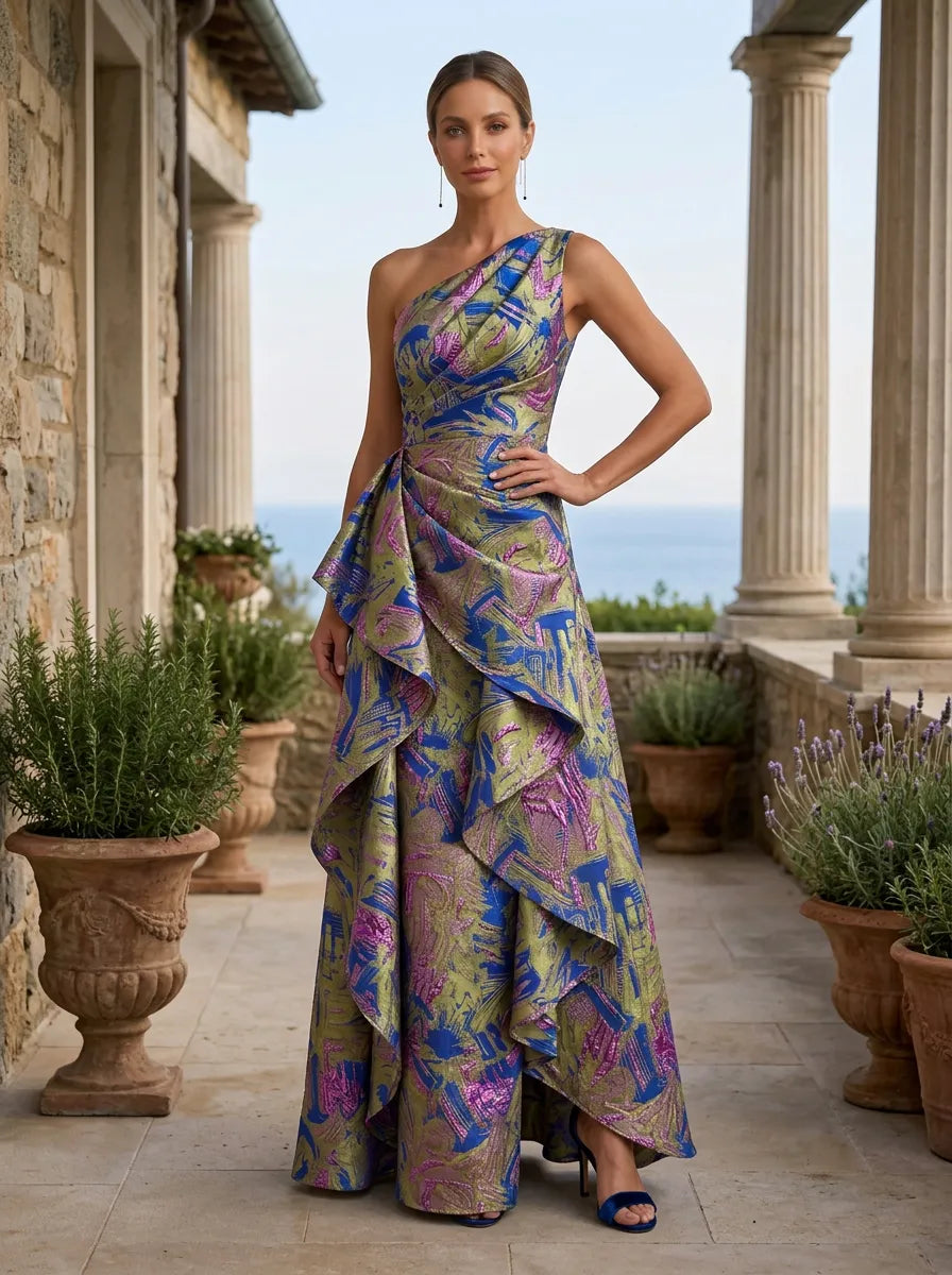 One-Shoulder Abstract Metallic Brocade Cascading Mother of the Bride Dress