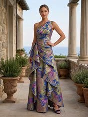 One-Shoulder Abstract Metallic Brocade Cascading Mother of the Bride Dress