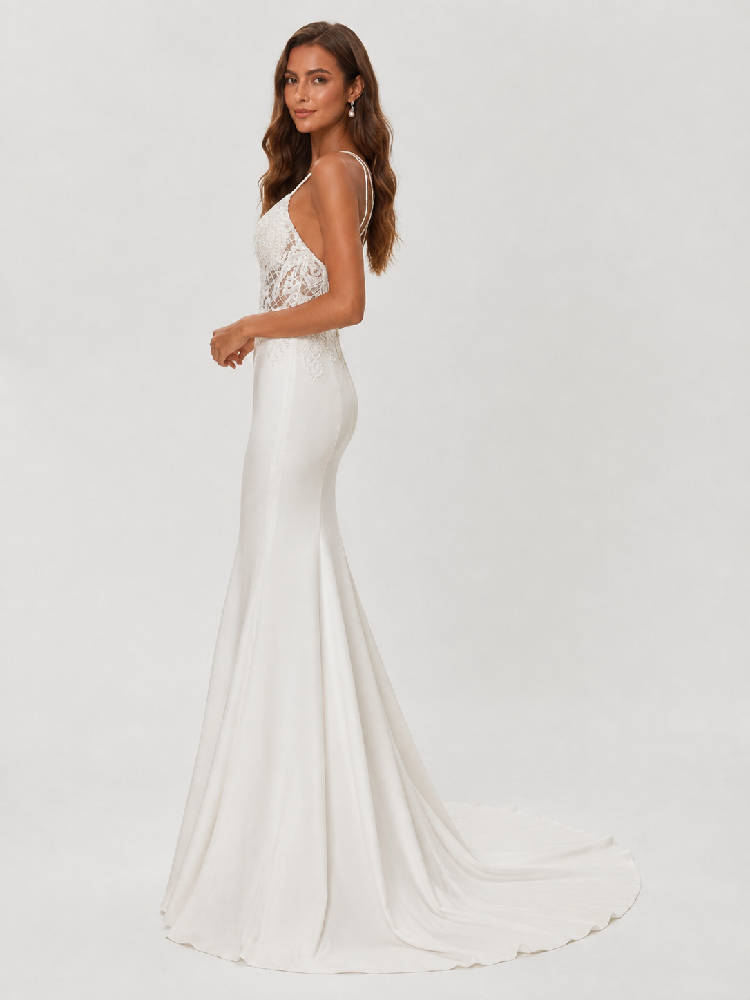 Elegant Beaded Lace Applique Satin Sheath Wedding Dress with Sweep Train
