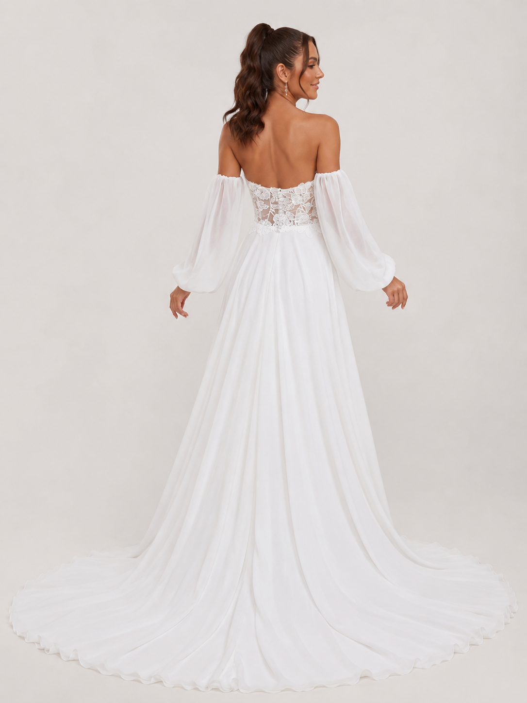 Elegant Off-the-Shoulder Lace Bodice Chiffon A-Line Wedding Dress with High Slit and Chapel Train