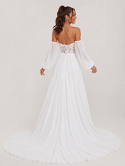 Elegant Off-the-Shoulder Lace Bodice Chiffon A-Line Wedding Dress with High Slit and Chapel Train