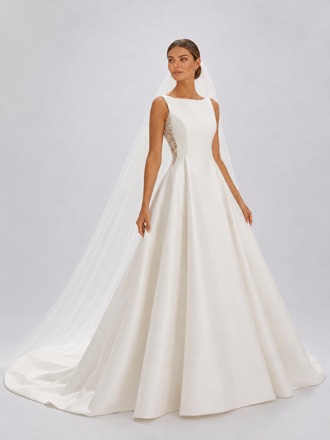 Elegant Lace Panel Satin A-Line Wedding Dress with Chapel Train