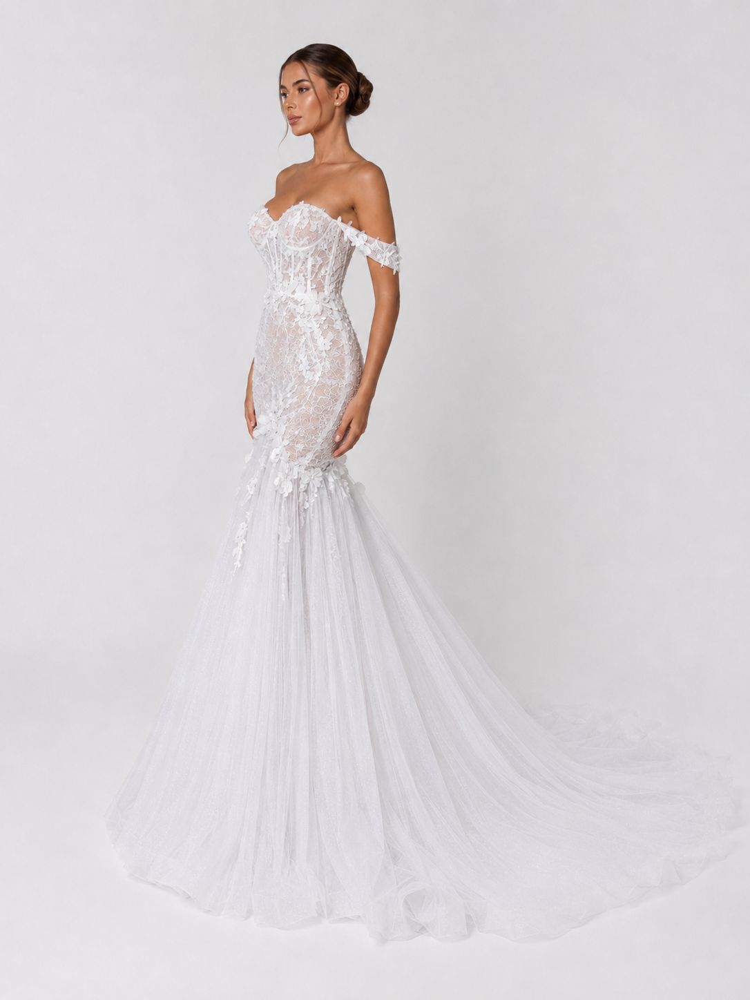 Elegant Off-the-Shoulder Lace Applique Mermaid Wedding Dress with Chapel Train