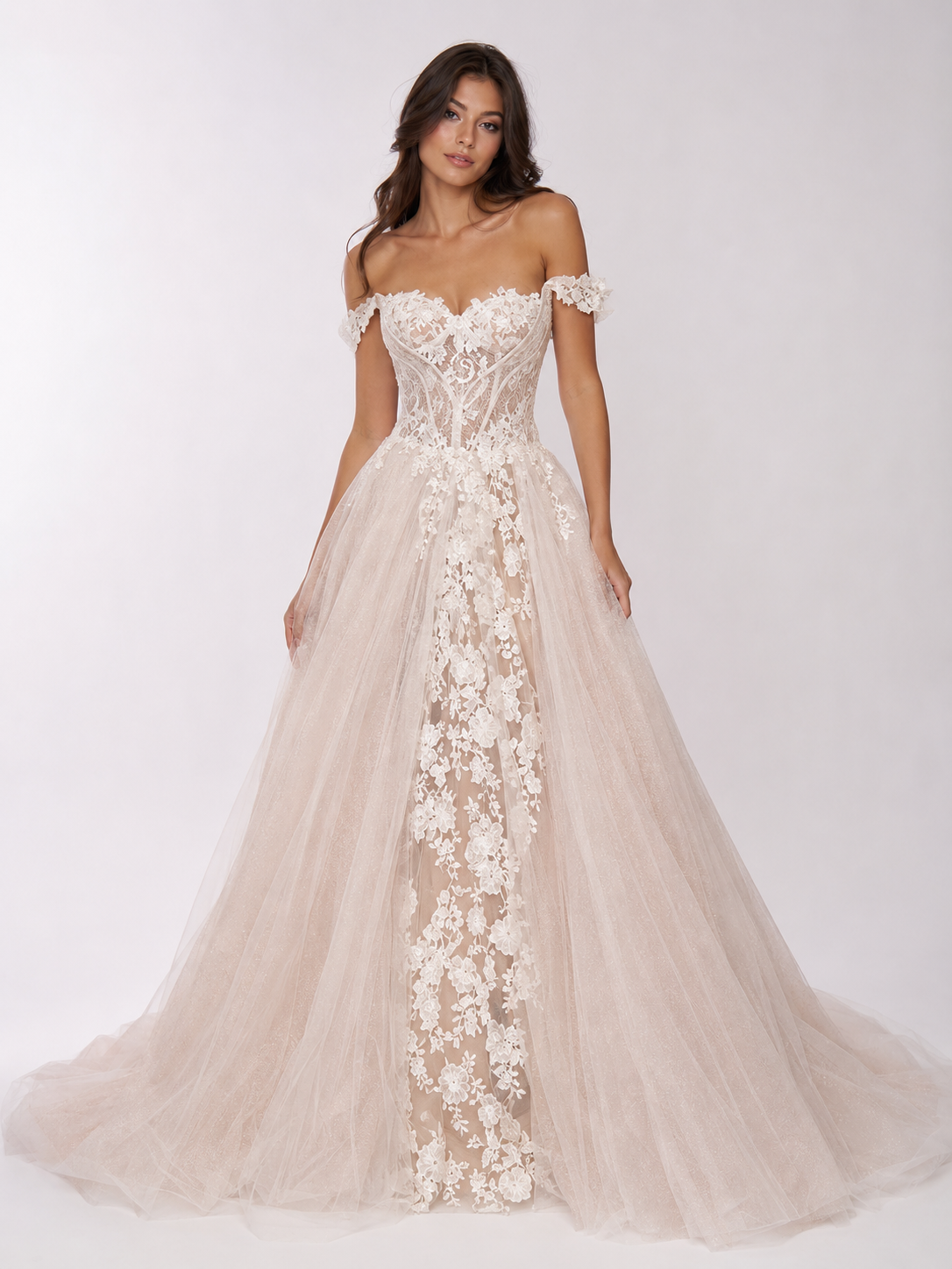 Elegant Off-the-Shoulder Lace Applique Glitter Tulle A-Line Wedding Dress with Chapel Train