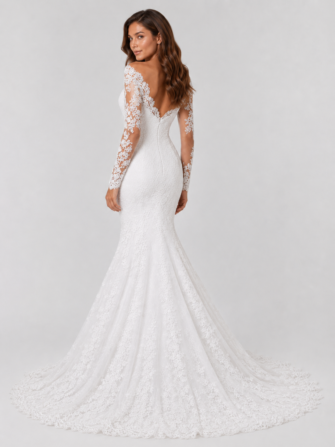 Elegant Off-the-Shoulder V-Neck Long-Sleeve Lace Mermaid Wedding Dress with Sweep Train