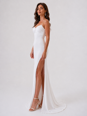 Elegant Spaghetti Strap Ruched Satin Sheath Wedding Dress with High Slit and Chapel Train