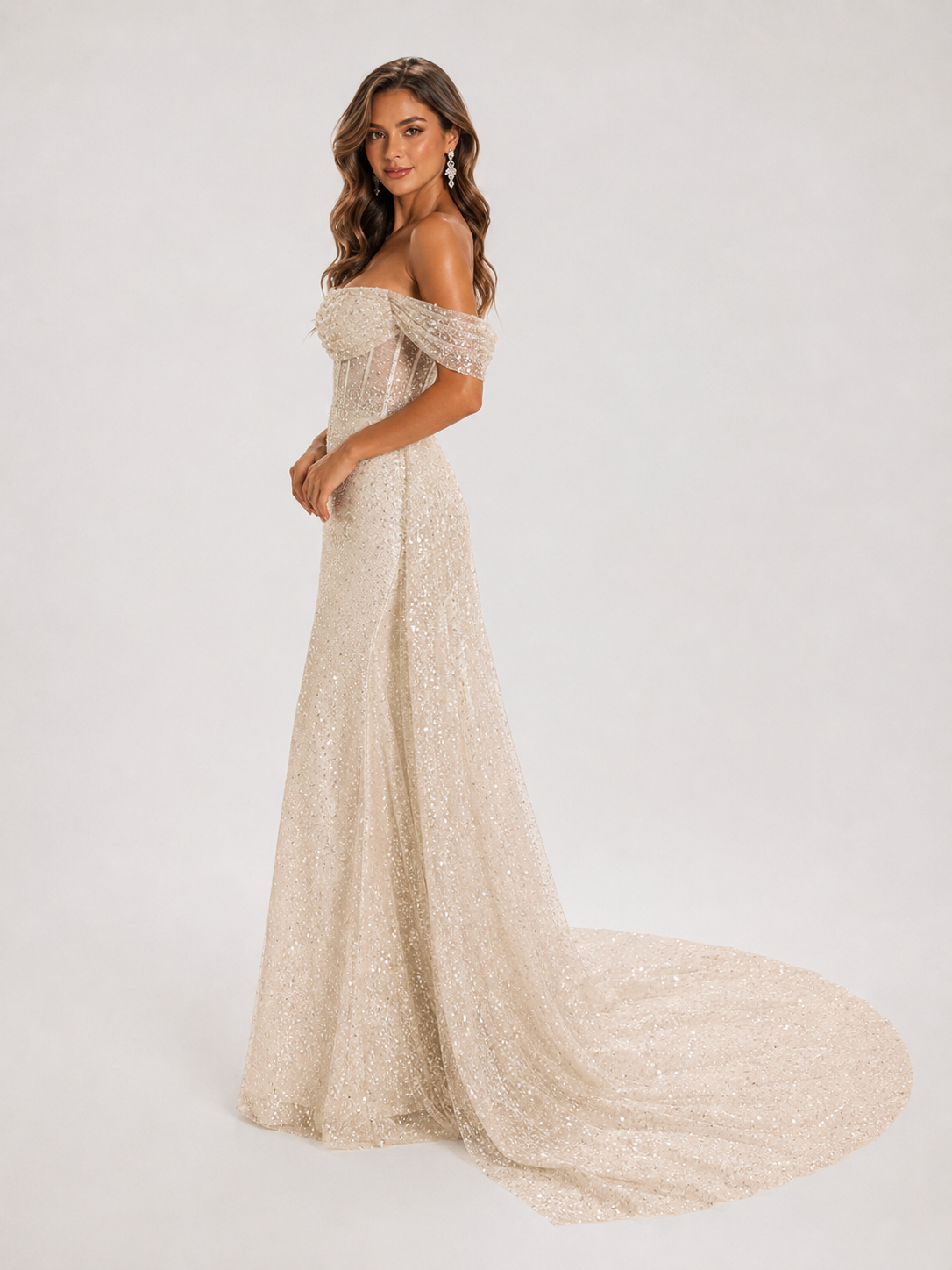 Elegant Off-the-Shoulder Sparkly Sequin Sheath Wedding Dress with Chapel Train