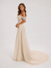 Elegant Off-the-Shoulder Sparkly Sequin Sheath Wedding Dress with Chapel Train