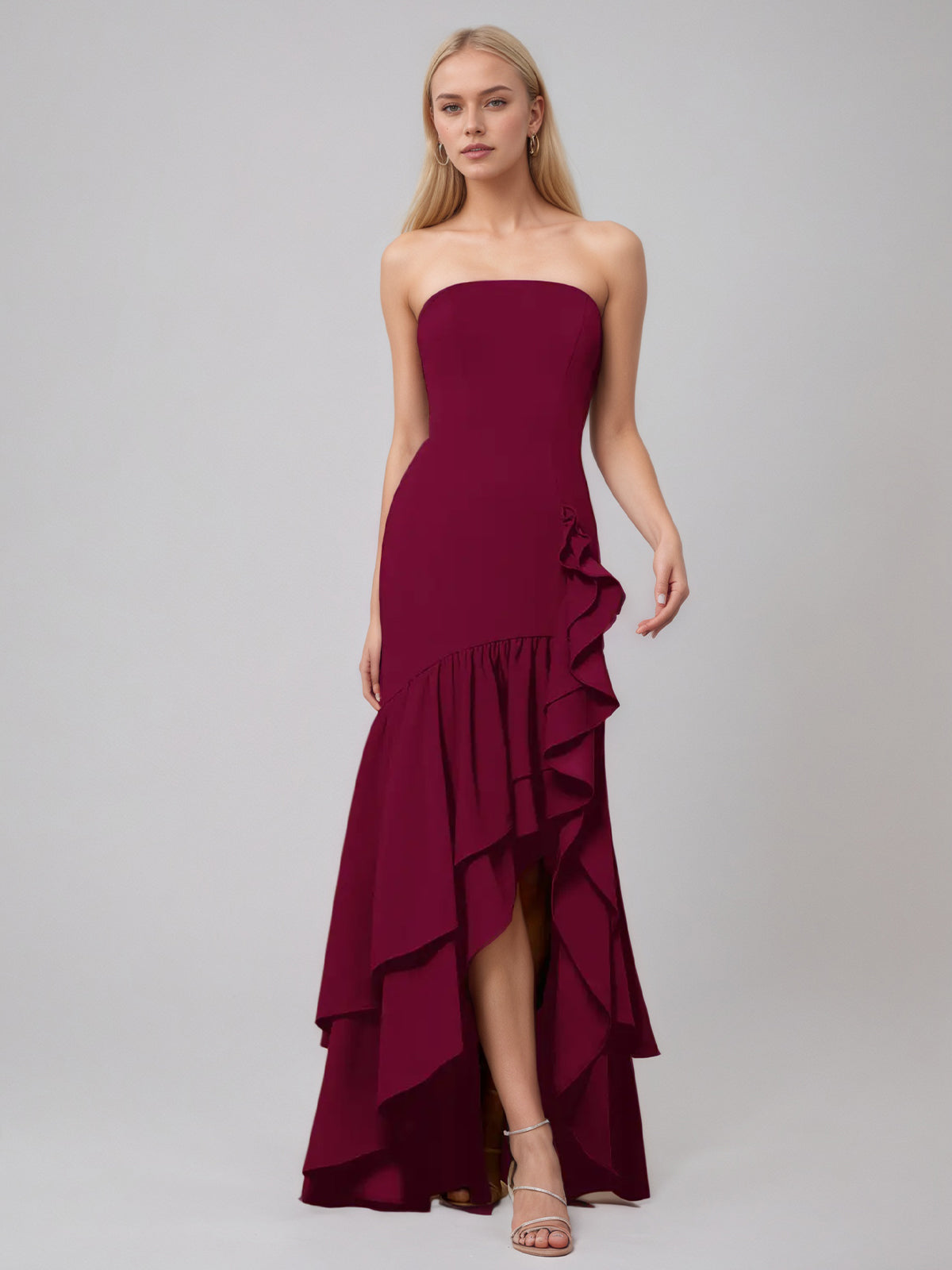 Cabernet Sheath/Column Chiffon Off The Shoulder Sleeveless Floor Length Dress With Ruffles