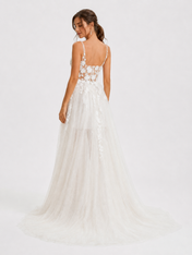 Elegant Spaghetti Strap 3D Floral Applique A-Line Wedding Dress with Sheer Over-Skirt and Chapel Train