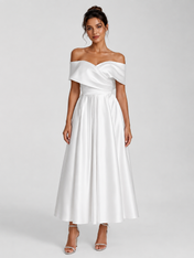 Elegant Off-the-Shoulder Ruched Satin A-Line Midi Wedding Dress