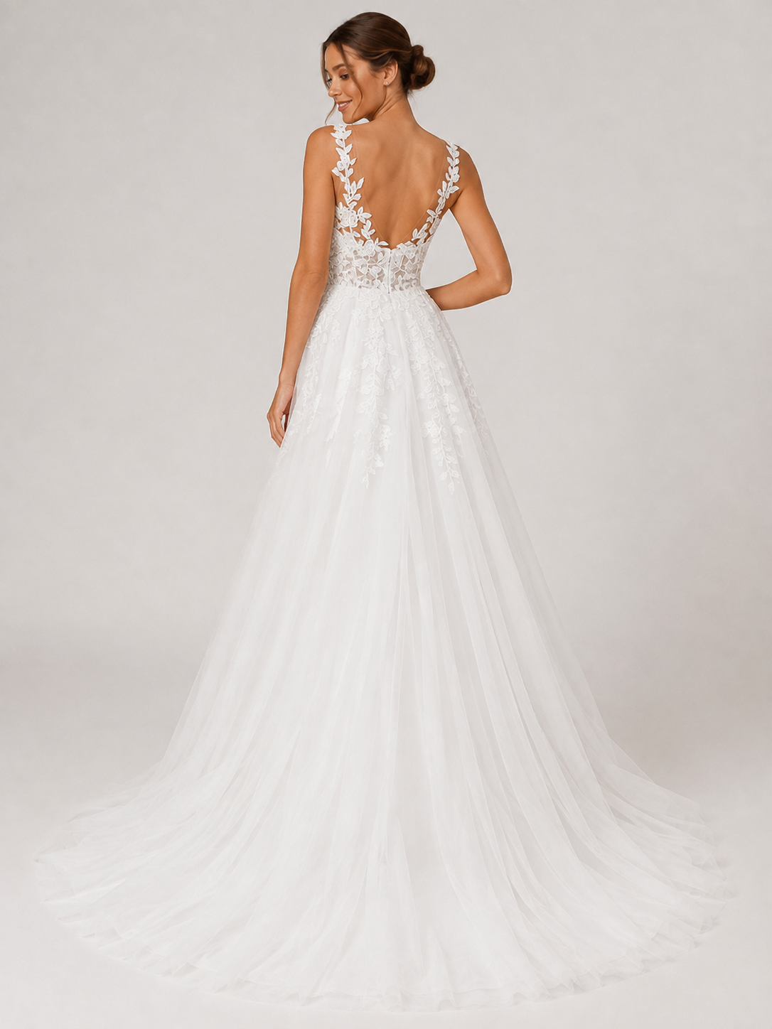 Elegant V-Neck Lace Applique Tulle A-Line Wedding Dress with Chapel Train