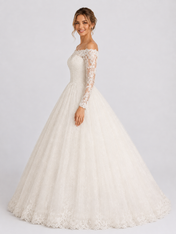 Elegant Off-the-Shoulder Long Sleeve Lace Applique A-Line Wedding Dress with Chapel Train
