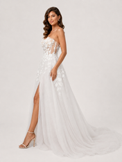 Elegant Strapless 3D Floral Appliquéd Tulle A-Line Wedding Dress with High Slit and Chapel Train