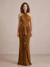Caramel Brown Halter Ruched Evening Dress with Cascading Ruffle Trim