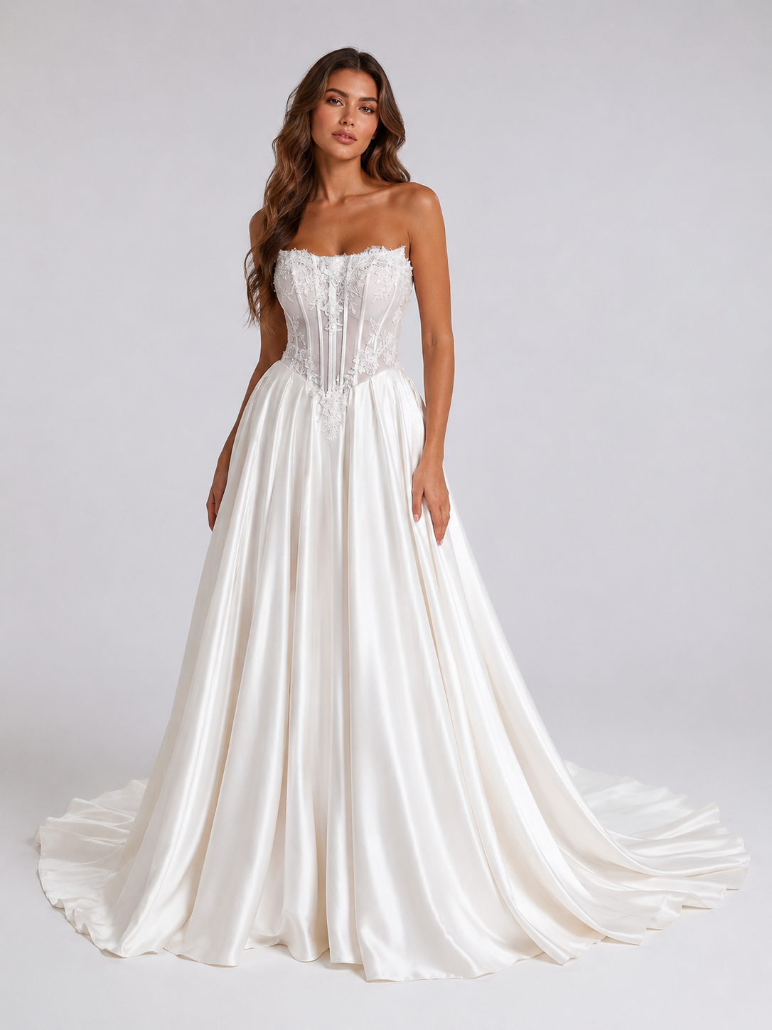 Elegant Strapless Corset Satin A-Line Wedding Dress with Chapel Train