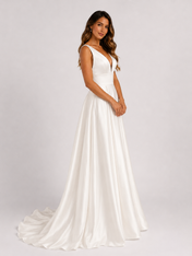 Elegant Plunging V-Neck Satin A-Line Wedding Dress with Chapel Train