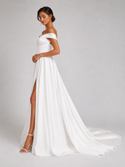 Elegant Off-the-Shoulder Ruched Satin A-Line Wedding Dress with High Slit and Chapel Train