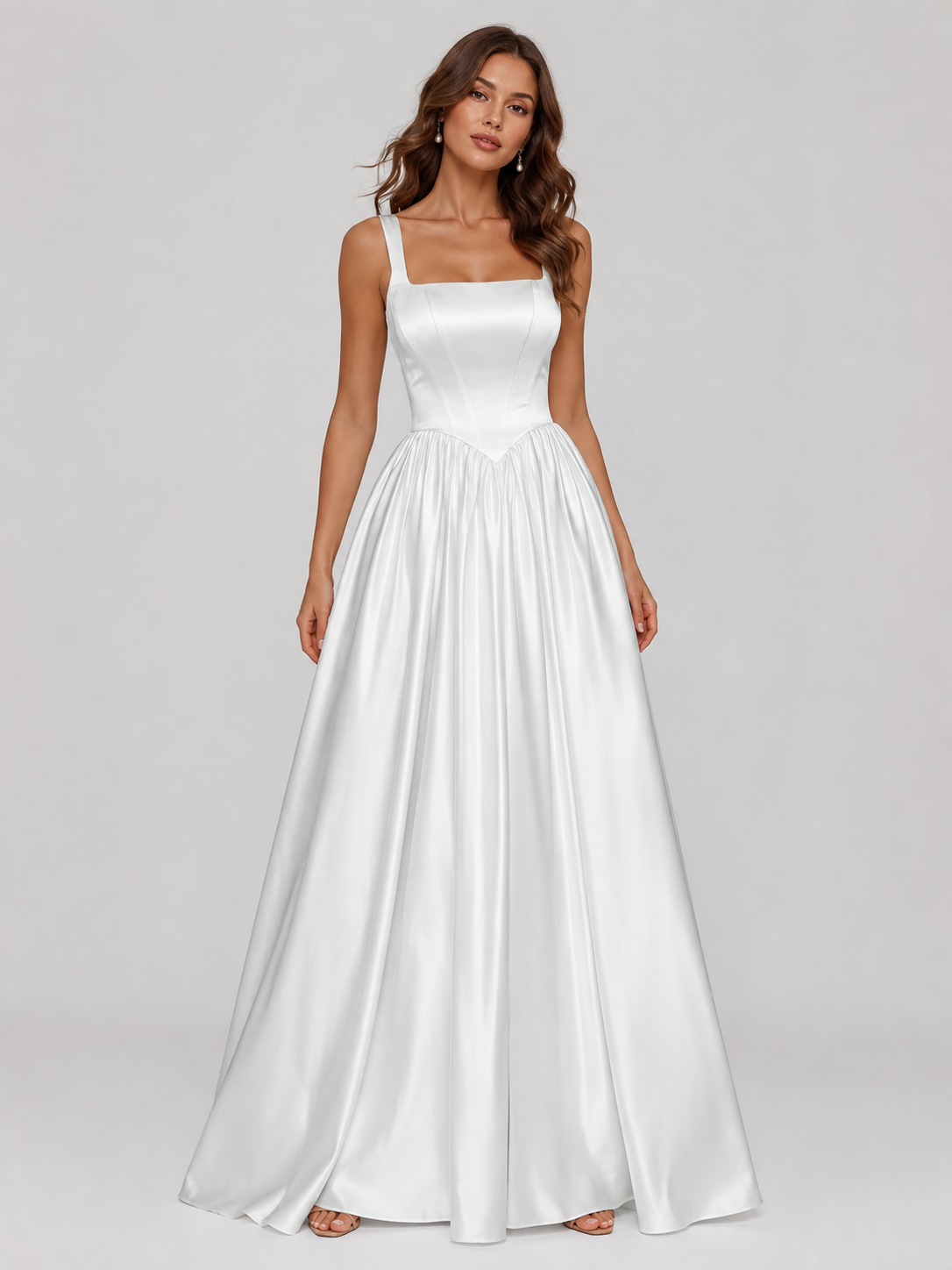 Elegant Square Neckline Satin A-Line Wedding Dress with Sweep Train