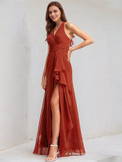 Vermilion Satin A Line V Neck Sleeveless Floor Length Bridesmaid Dress With Ruffle