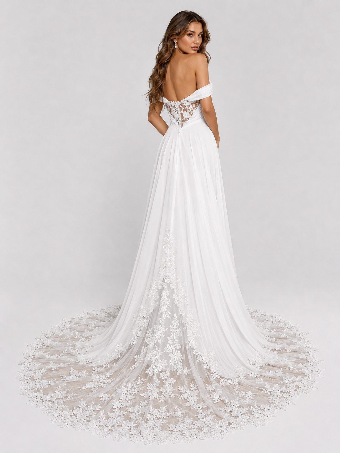 Elegant Off-the-Shoulder Lace Applique Chiffon A-Line Wedding Dress with Chapel Train