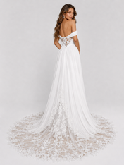Elegant Off-the-Shoulder Lace Applique Chiffon A-Line Wedding Dress with Chapel Train