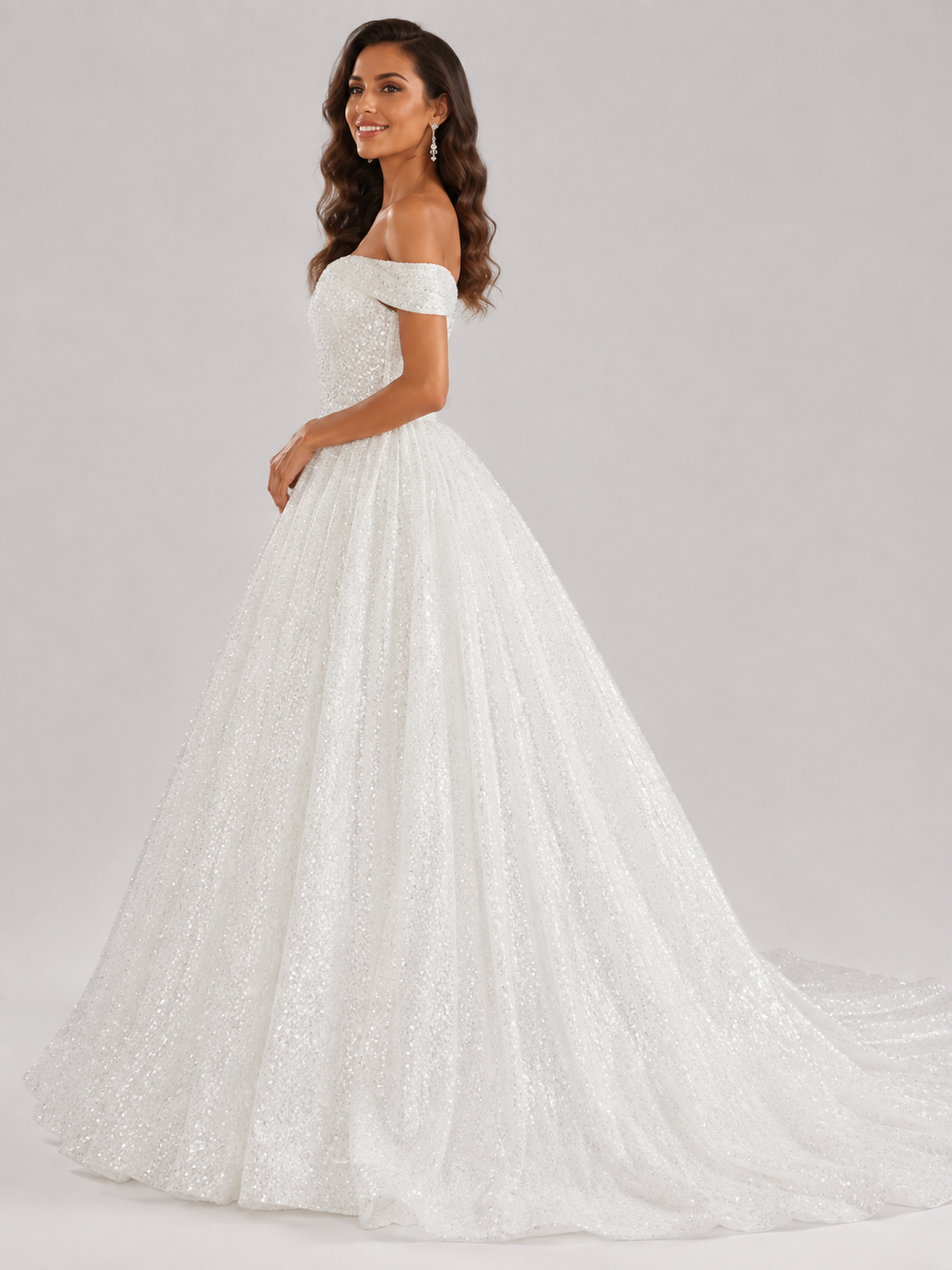 Elegant Off-the-Shoulder Sparkling Glitter Tulle A-Line Wedding Dress with Corset Back and Chapel Train