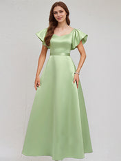 A Line Sage Satin Asymmetrical Neck Floor Length Dress With Ruffle Sleeves