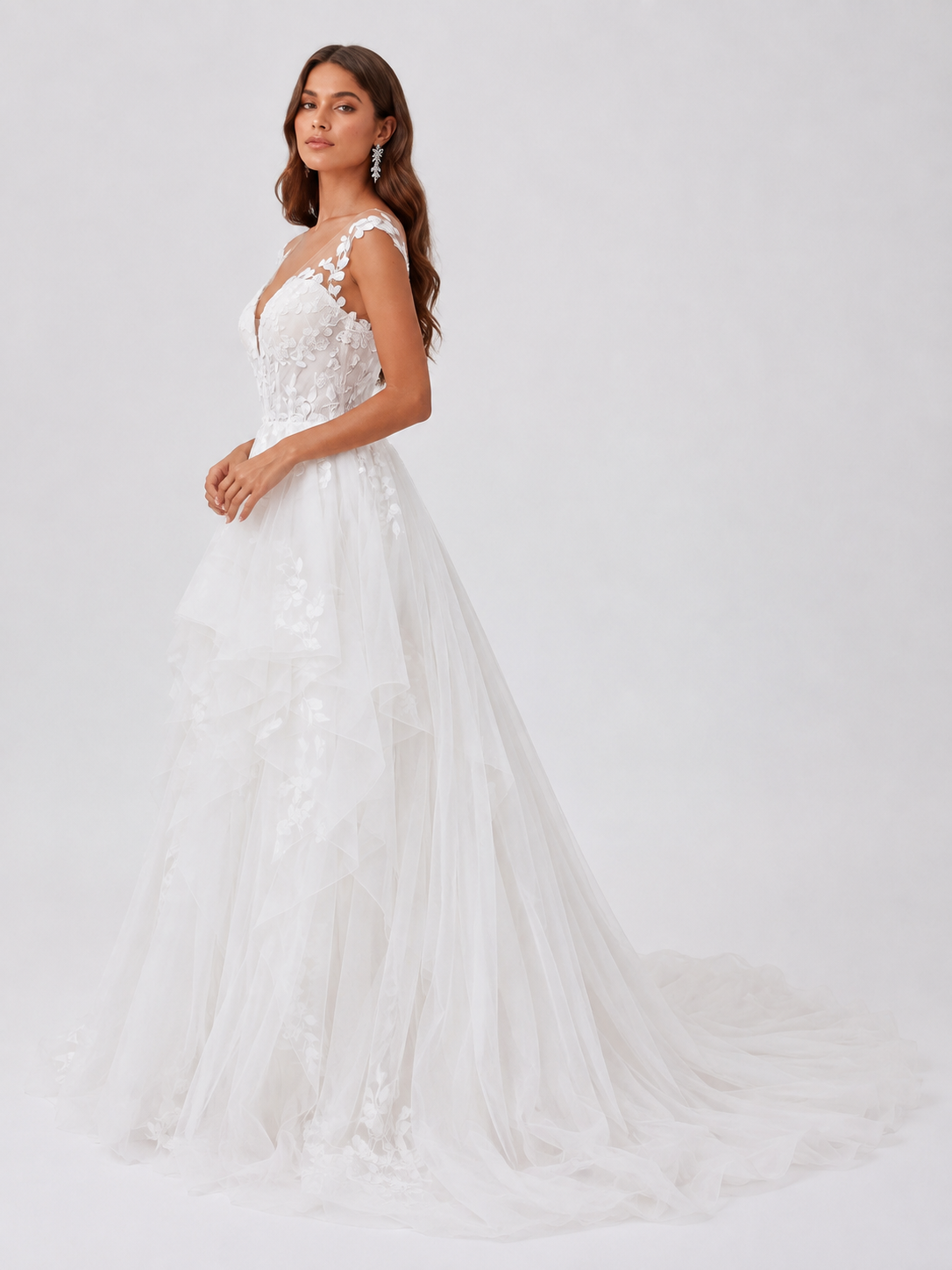 Elegant V-Neck Lace Applique Tulle A-Line Wedding Dress with Sweep Train