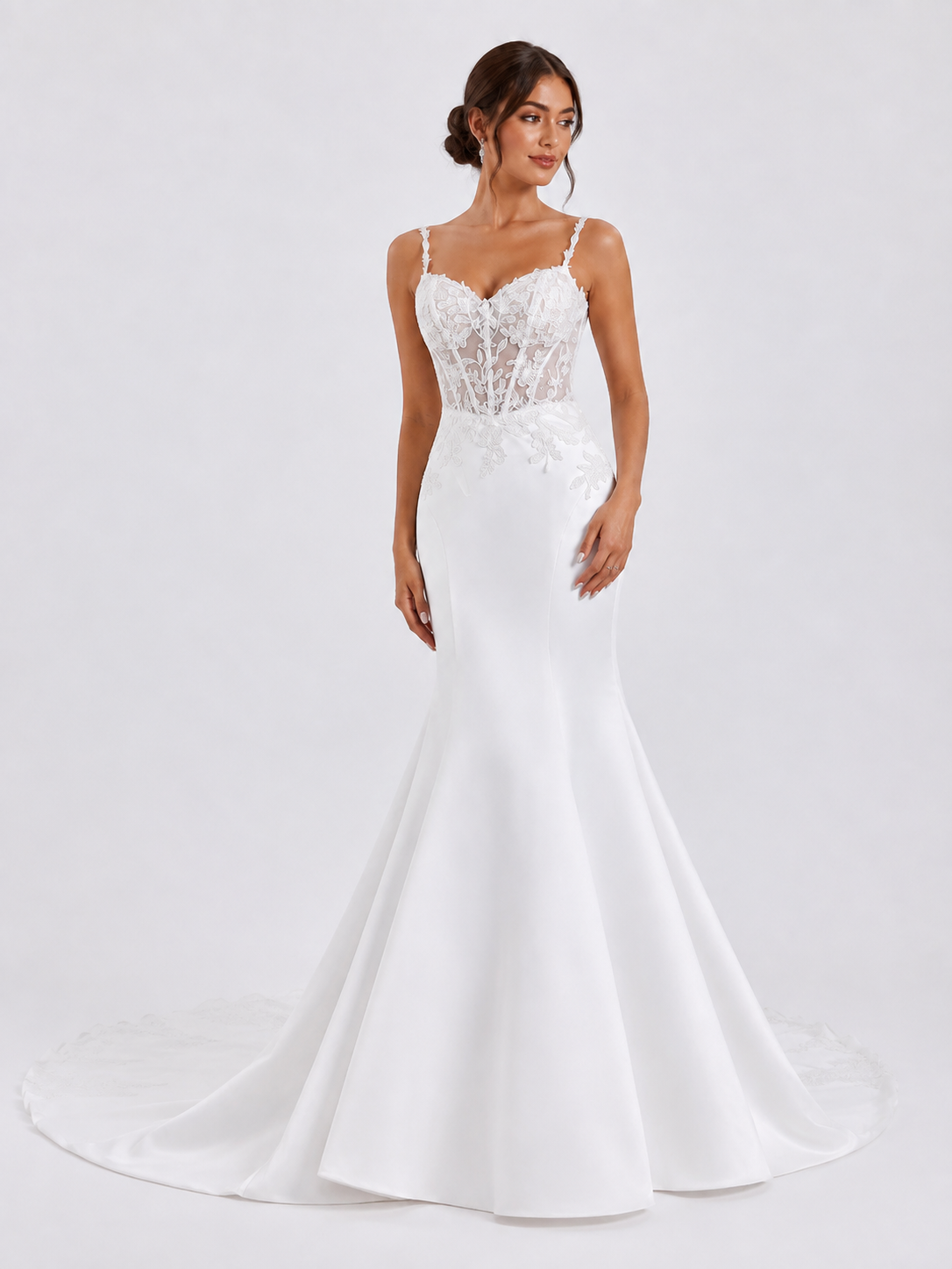 Elegant Sweetheart Lace-Applique Satin Mermaid Wedding Dress with Chapel Train