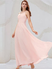 Blushing Pink A-Line Cowl Floor-Length Chiffon Bridesmaid Dress