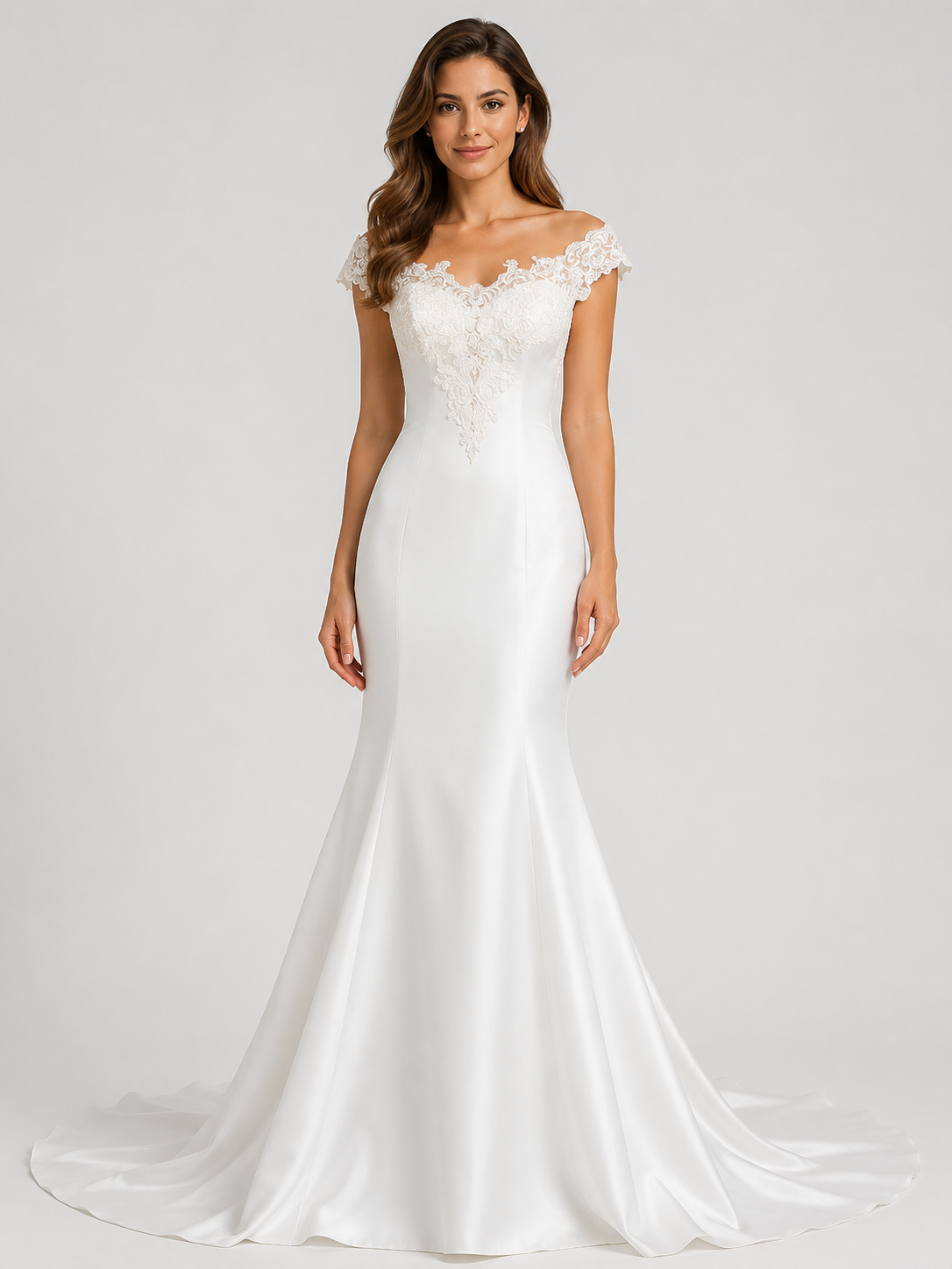Elegant Off-the-Shoulder Lace-Embellished Satin Mermaid Wedding Dress with Chapel Train