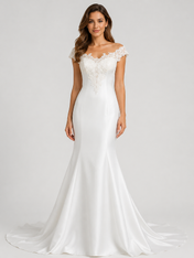 Elegant Off-the-Shoulder Lace-Embellished Satin Mermaid Wedding Dress with Chapel Train