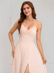 A-Line V-Neck Floor-Length Chiffon Bridesmaid Dress With Pleated