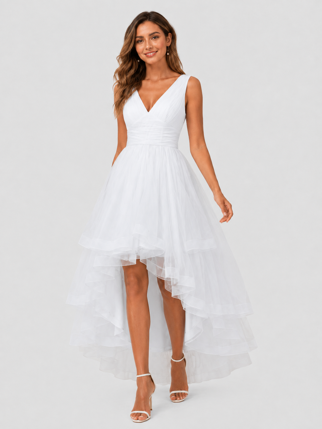 Elegant V-Neck Ruched Tulle High-Low Wedding Dress with Layered Skirt
