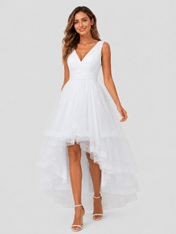 Elegant V-Neck Ruched Tulle High-Low Wedding Dress with Layered Skirt